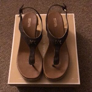 Michael Kors Brown Leather T-Strap Espadrille Sandals
